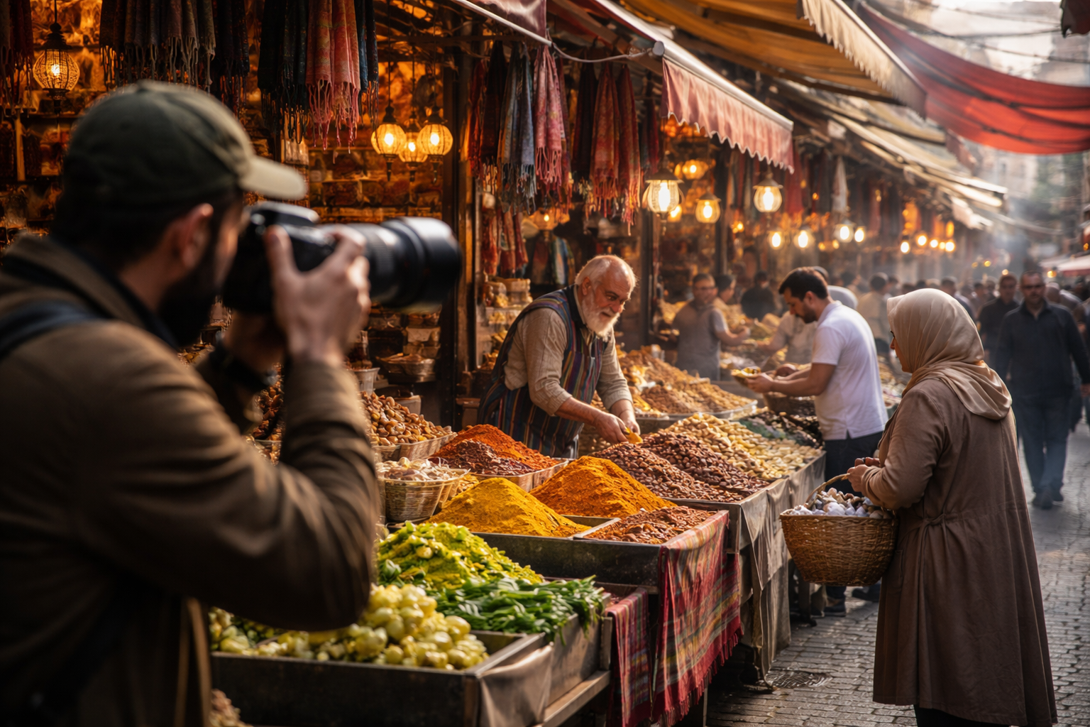 Saygili bir sekilde sokakta cekim yapan fotografci