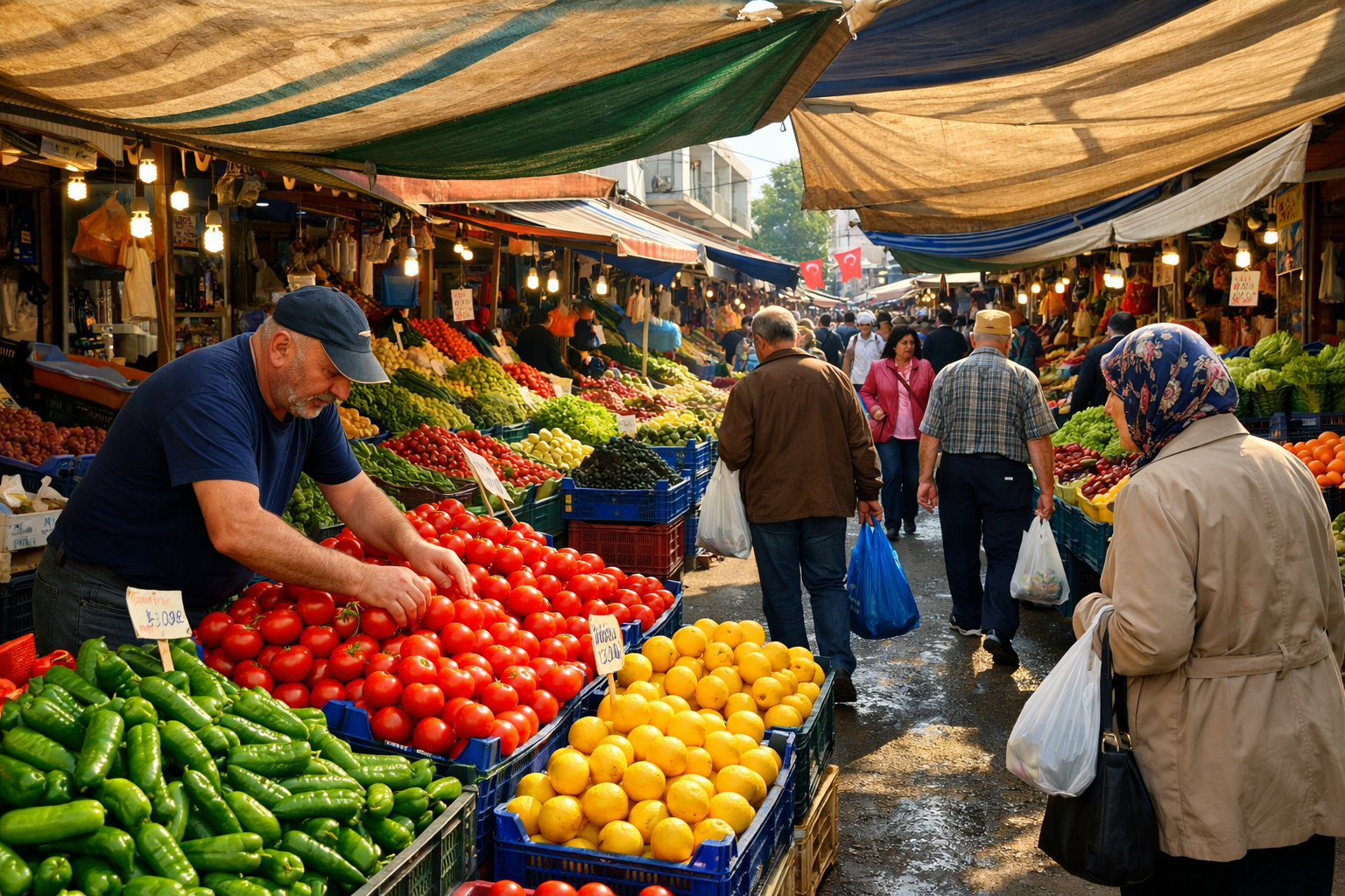 Semt pazarinda renkli tezgah gorunumu
