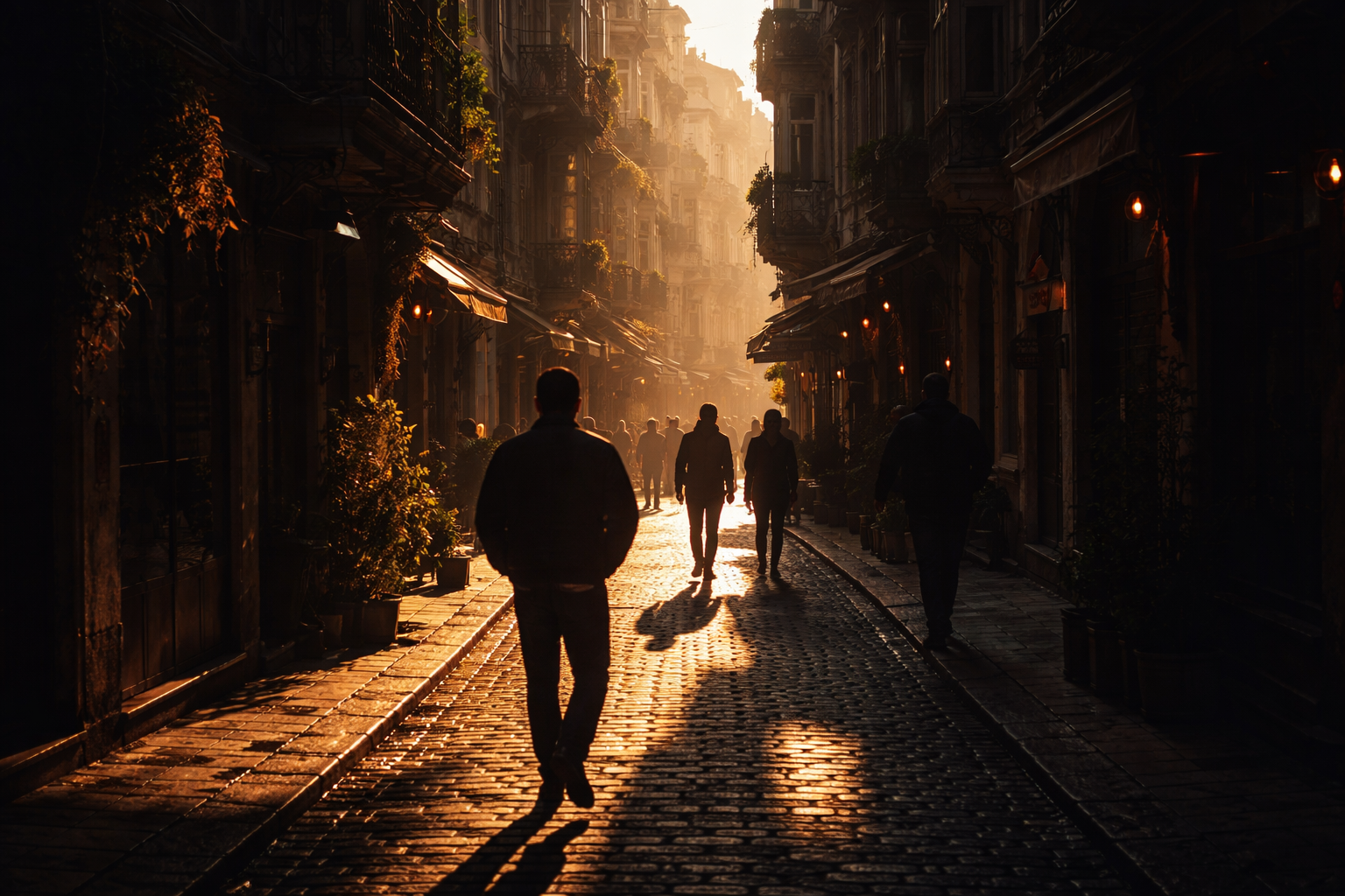 Dar bir sokakta uzanan golge ve yuruyenler